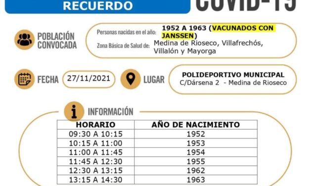 Las personas vacunadas con Janssen de las ZBS de Rioseco, Villafrechós, Mayorga y Villalón recibirán este sábados la dosis de recuerdo