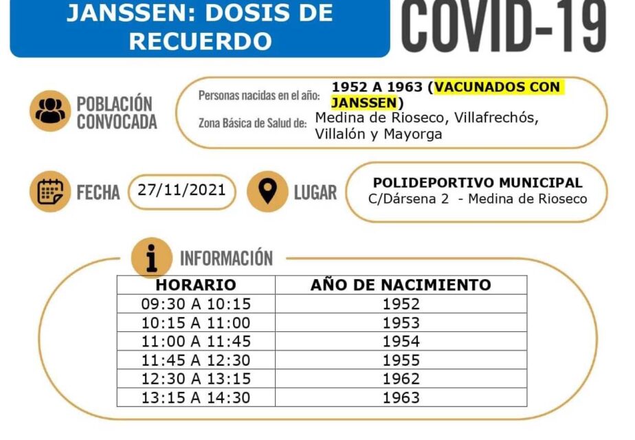 Las personas vacunadas con Janssen de las ZBS de Rioseco, Villafrechós, Mayorga y Villalón recibirán este sábados la dosis de recuerdo